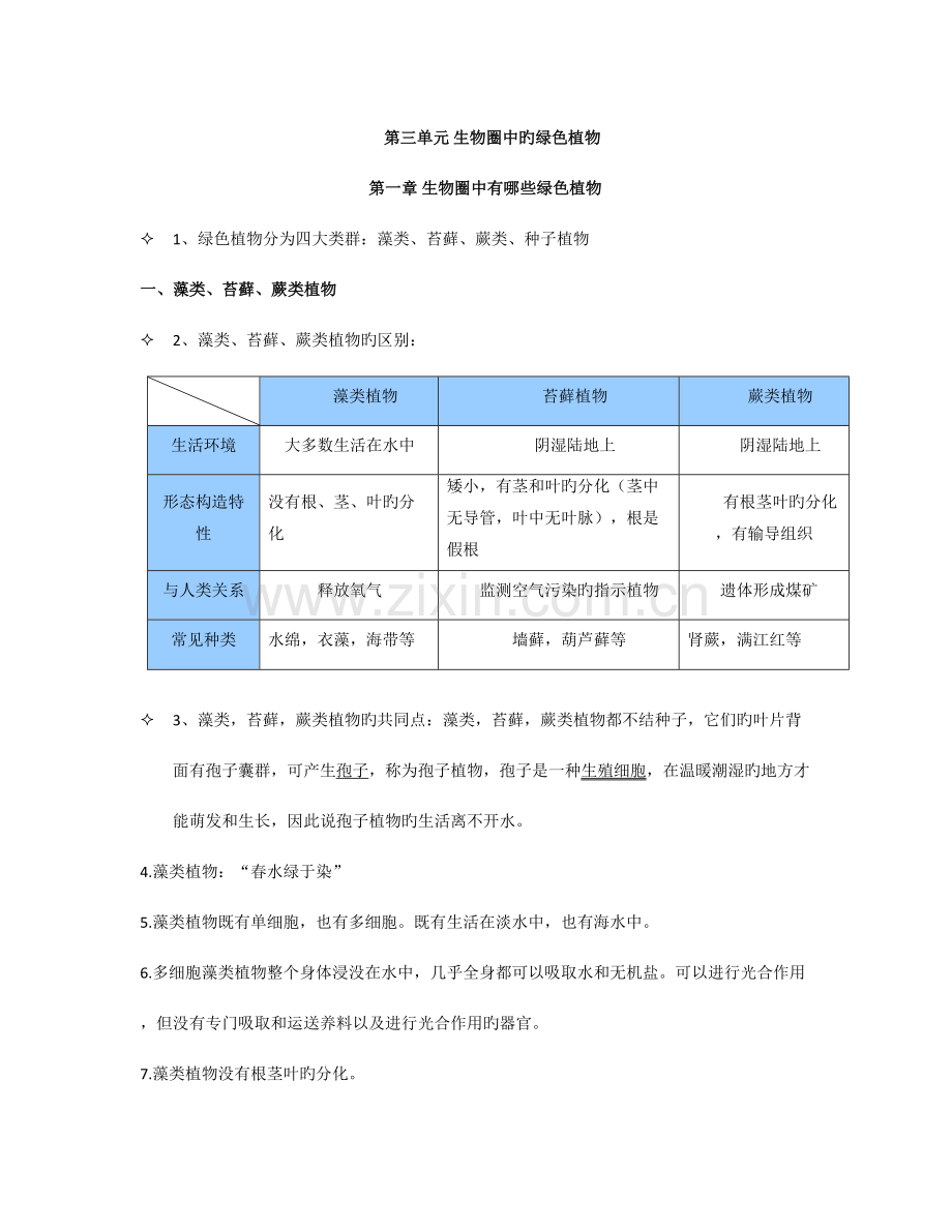 2023年初中生物第三单元生物圈中的绿色植物知识点.doc_第1页