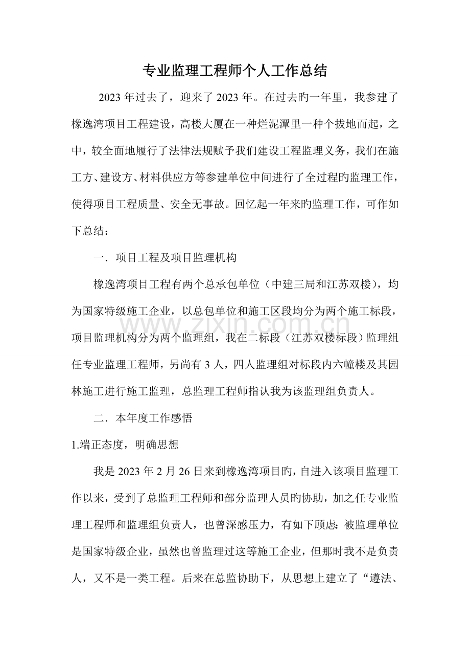 2023年专业监理工程师个人工作总结.doc_第1页