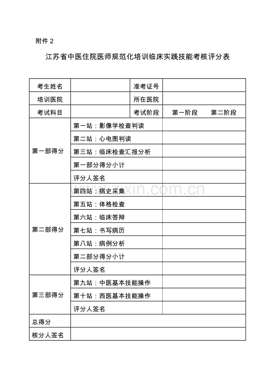 2023年江苏中医住院医师规范化培训临床实践技能考核评分表.doc_第1页