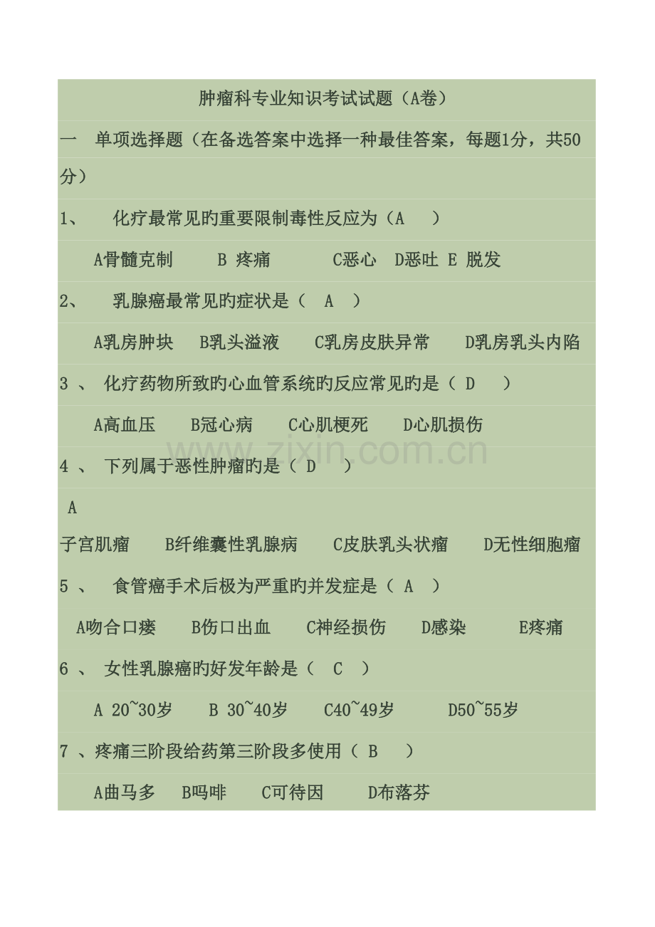 2023年肿瘤科专业知识考试试题有答案题库.doc_第1页
