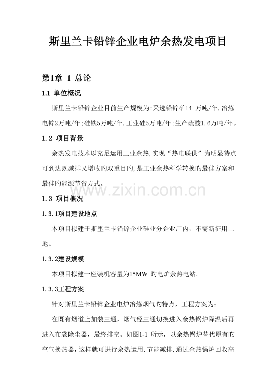 斯里兰卡铅锌公司电炉余热发电项目申请报告.doc_第1页