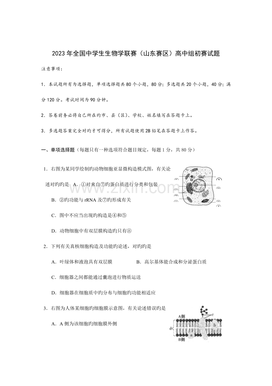 2023年山东省生物竞赛预赛试题含答案版.doc_第1页