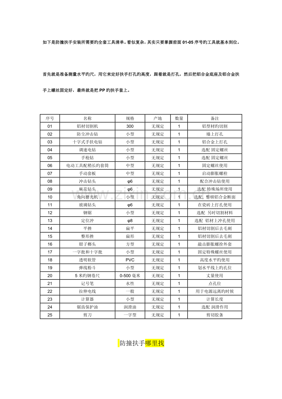 2023年以下是防撞扶手安装所需要的全套工具清单.doc_第1页