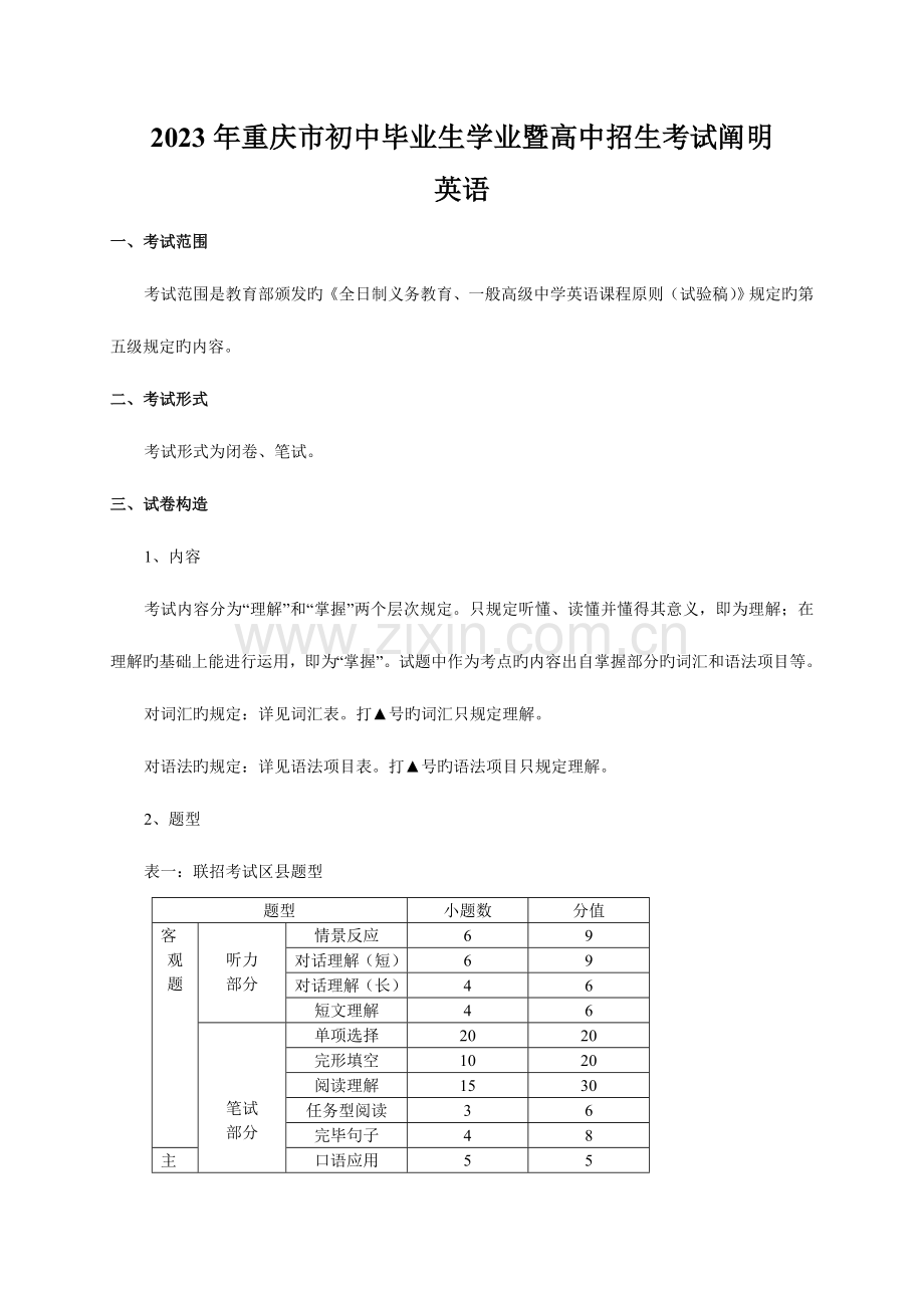 2023年重庆市初中毕业生学业暨高中招生考试说明英语.doc_第1页