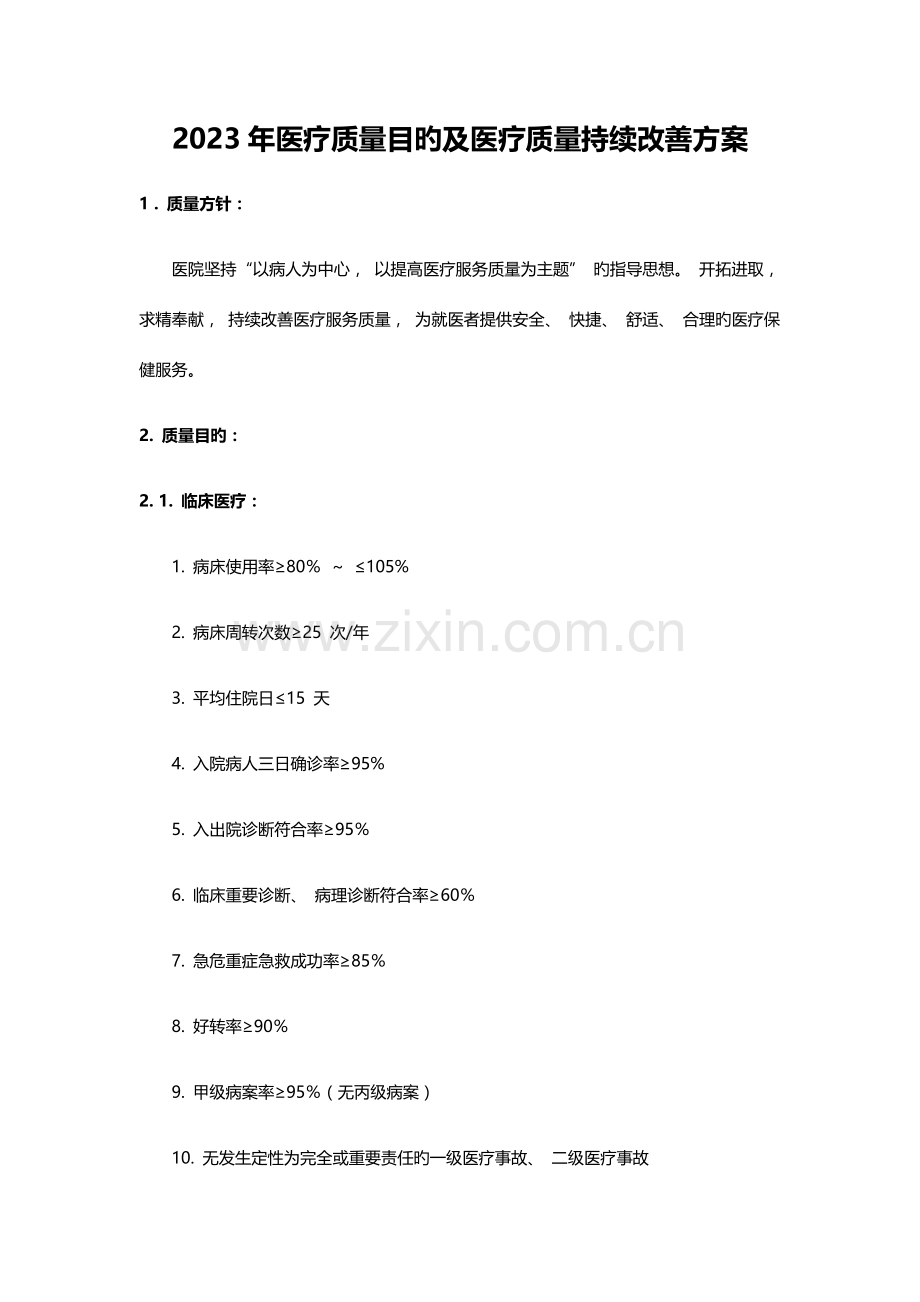 医疗质量目标及持续改方案.docx_第1页