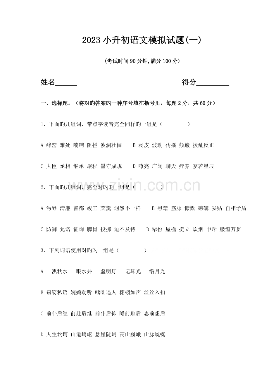 2023年苏教版小升初语文模拟试题.doc_第1页