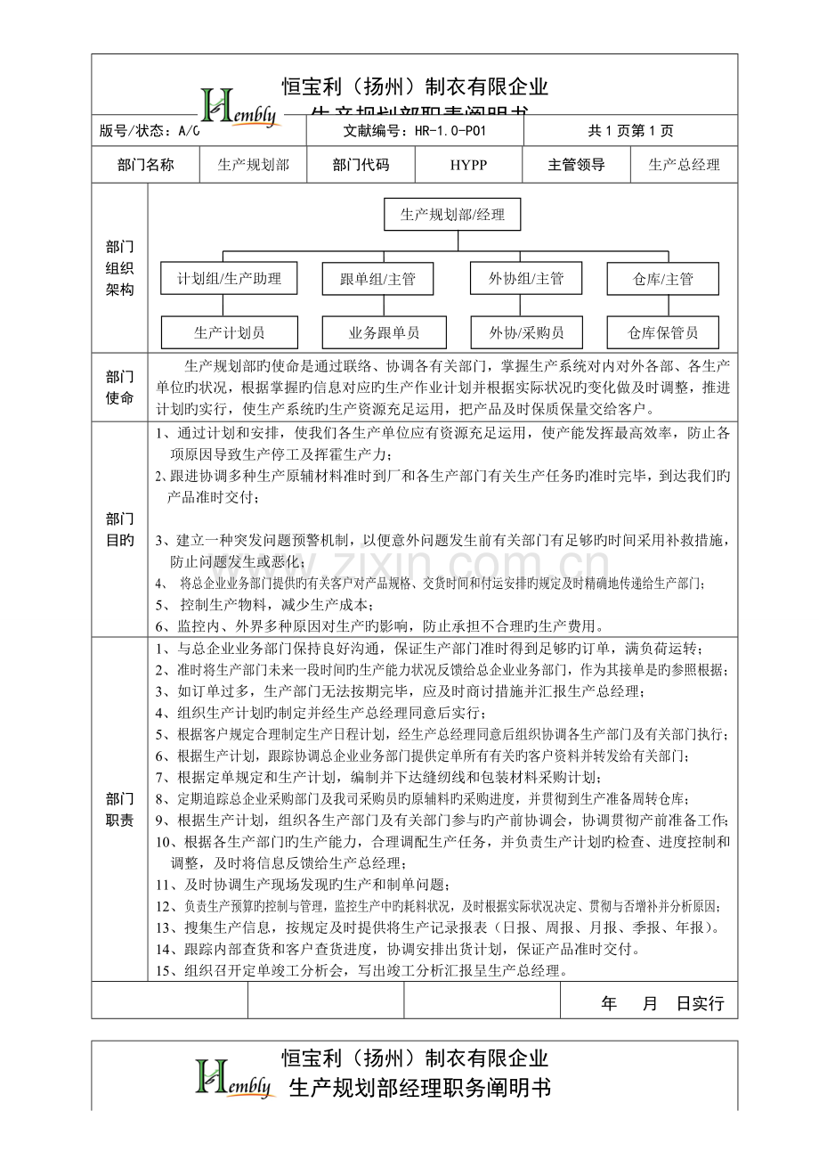 恒宝利制衣有限公司管理策划书生产系统岗位说明书生产.doc_第1页