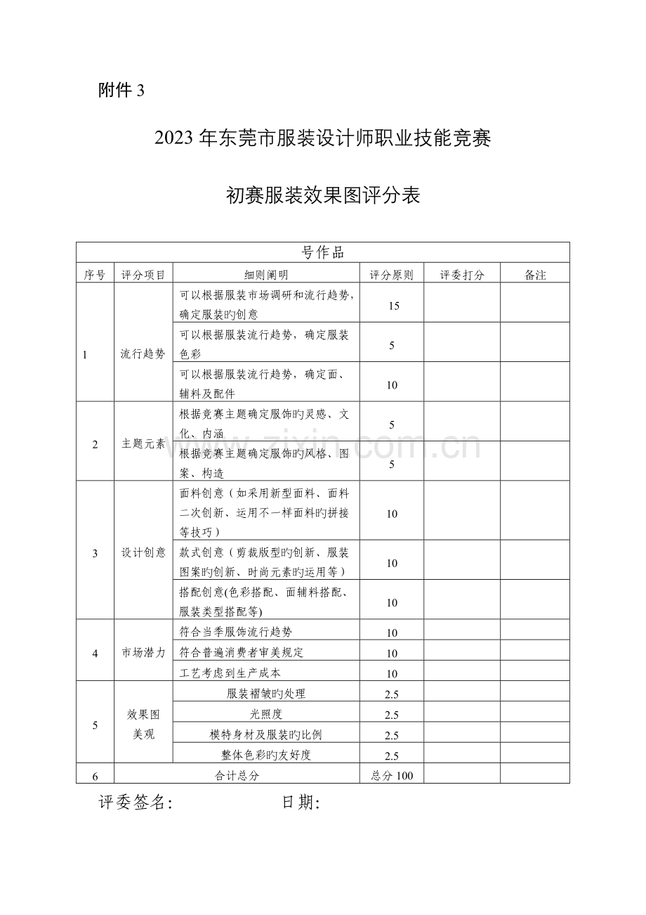 2023年东莞市服装设计师职业技能竞赛评分表.doc_第1页