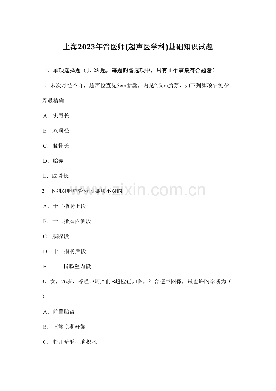 2023年上海治医师超声医学科基础知识试题.docx_第1页