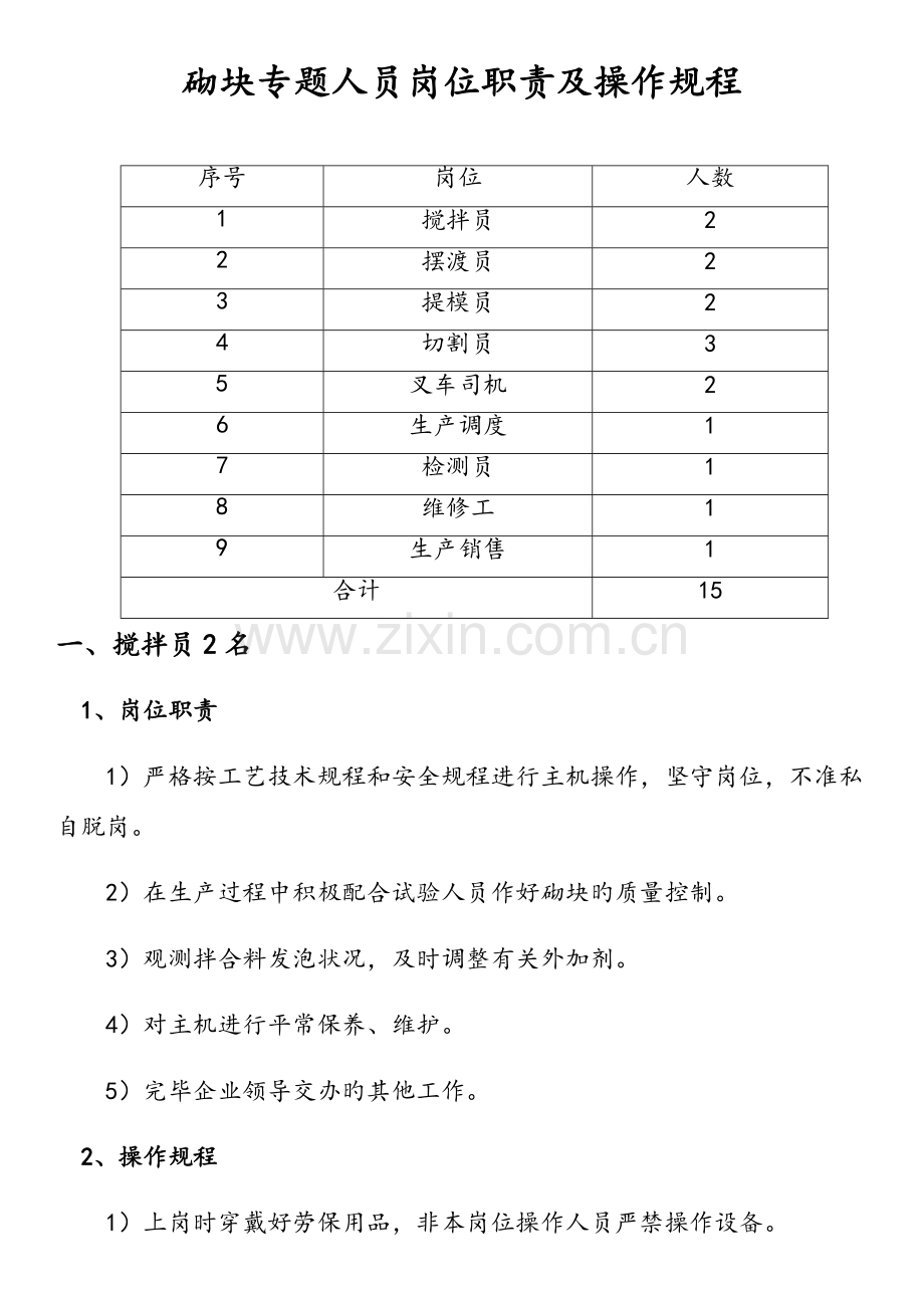 加气块人员岗位职责及操作规程.docx_第1页