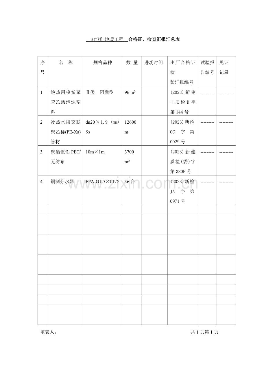地暖工程合格证检验报告汇总表.doc_第1页