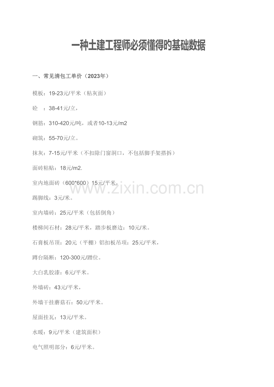 一个土建工程师必须知道的数据.doc_第1页