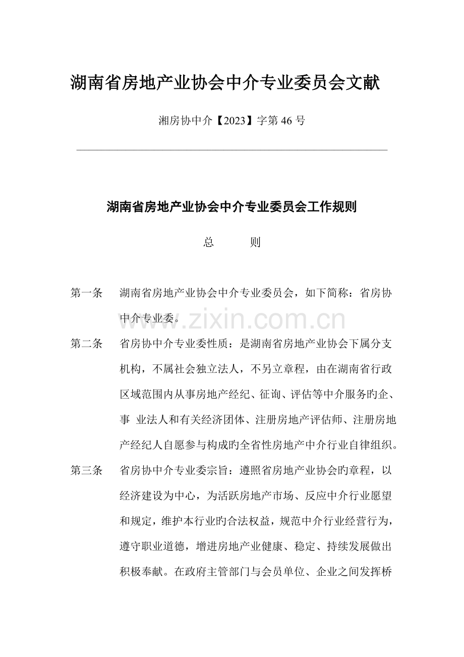 湖南省房地产业协会中介专业委员会工作规则.doc_第1页