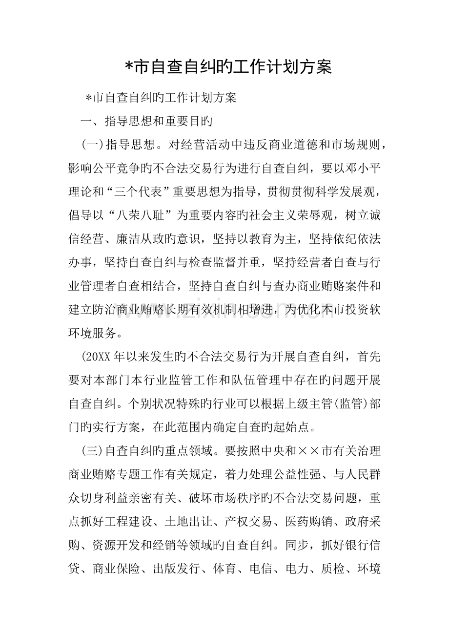 市自查自纠的工作计划方案.docx_第1页