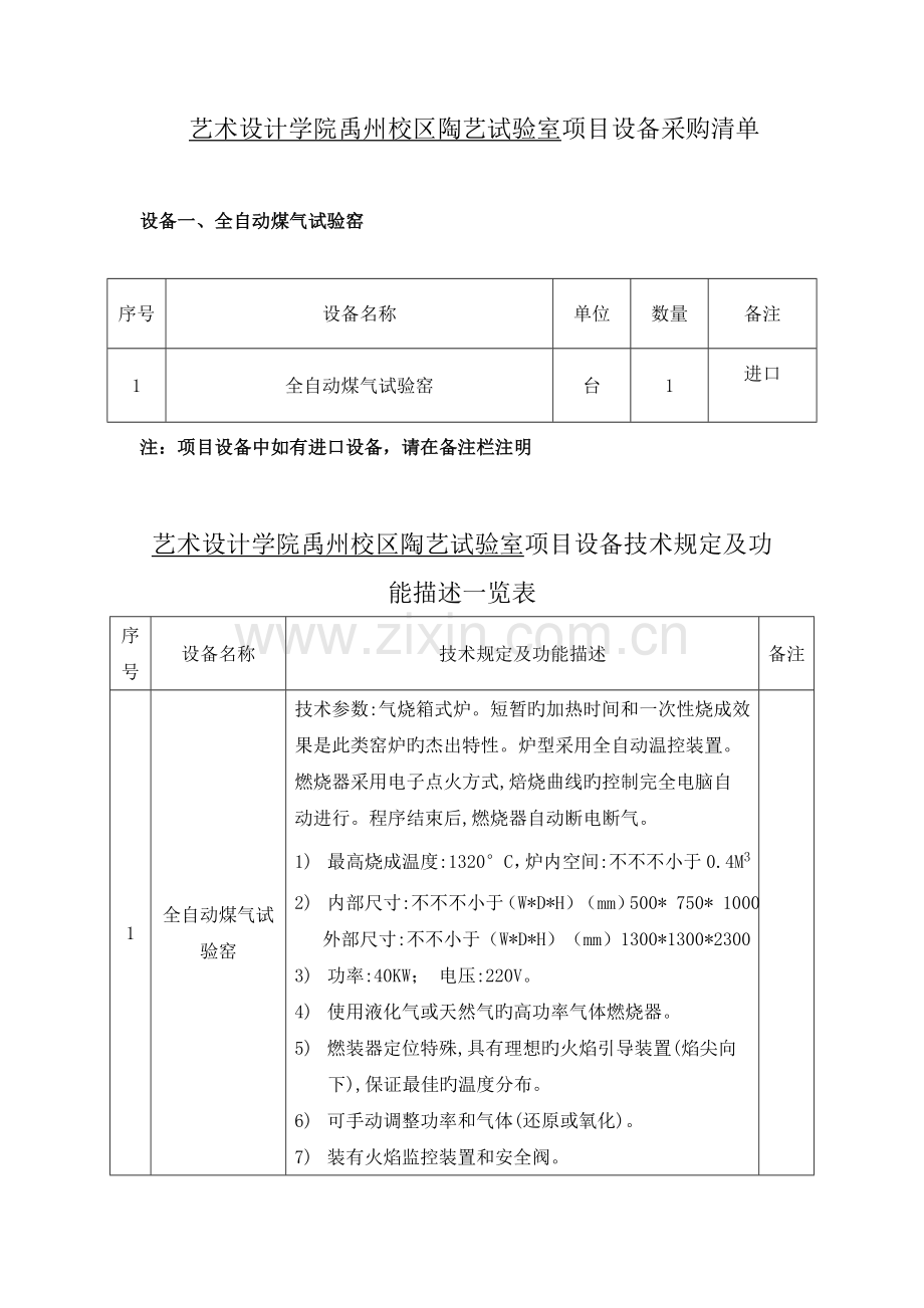 艺术设计学院禹州校区陶艺实验室项目设备采购清单.doc_第1页