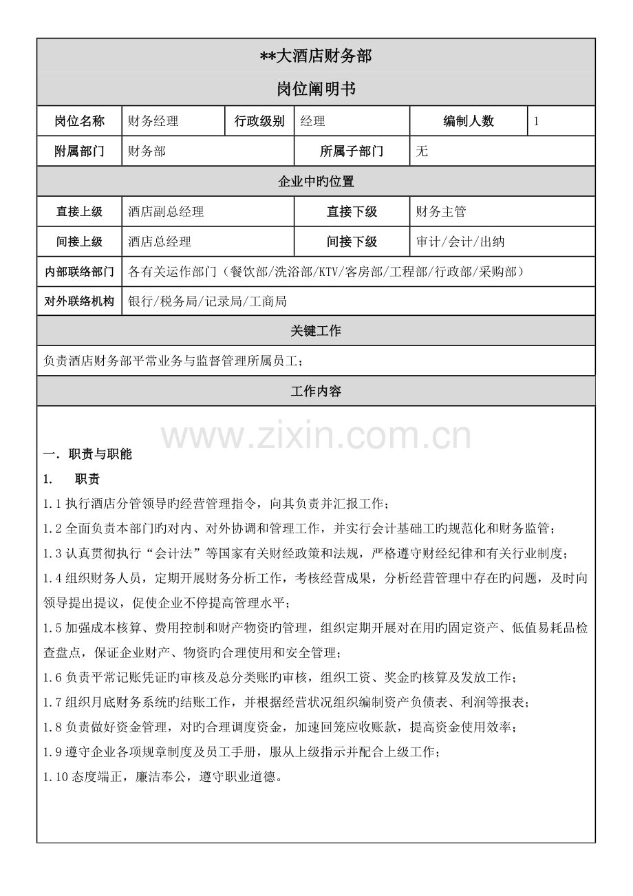 酒店财务经理岗位说明书.docx_第1页