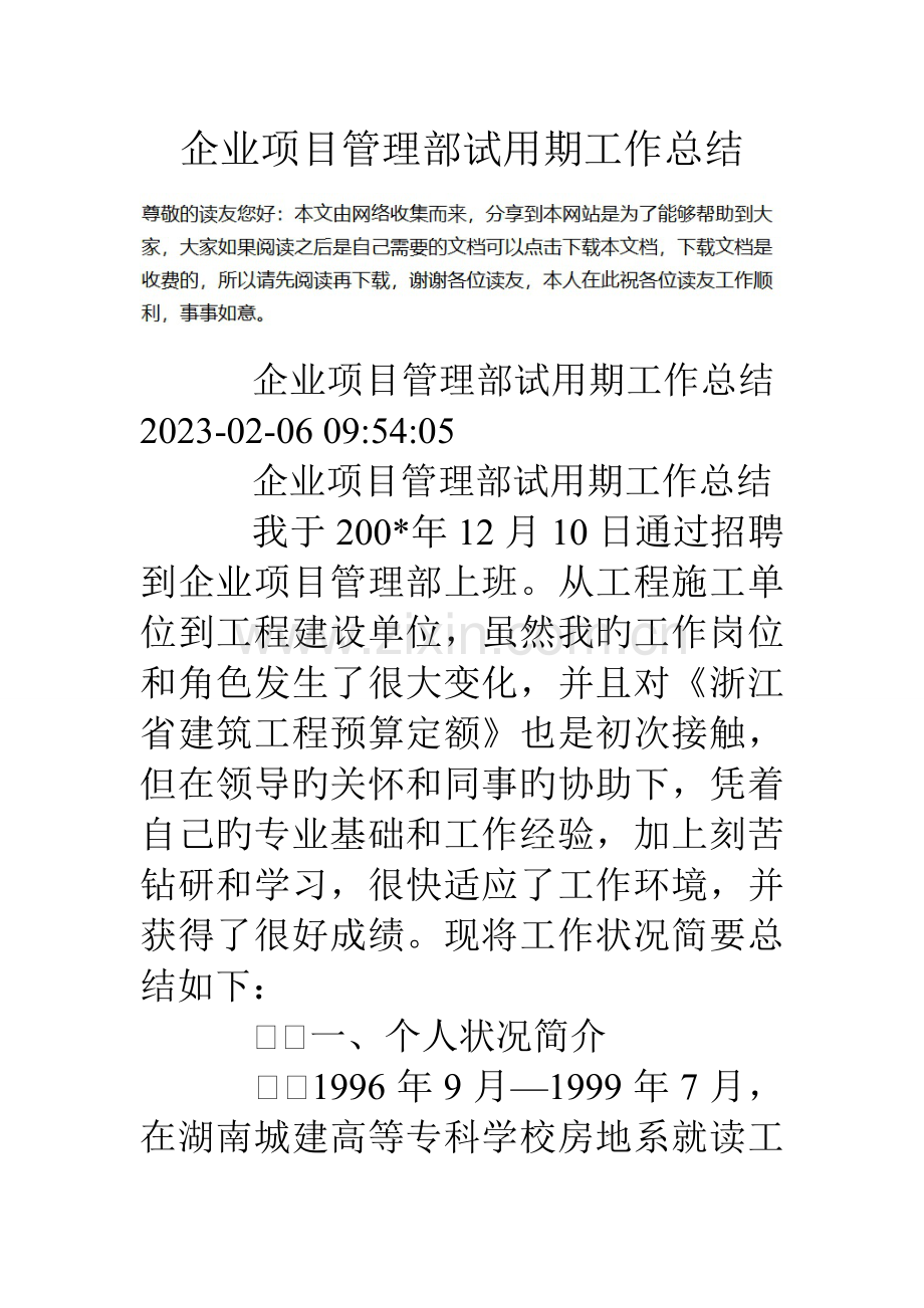 公司项目管理部试用期工作总结.doc_第1页