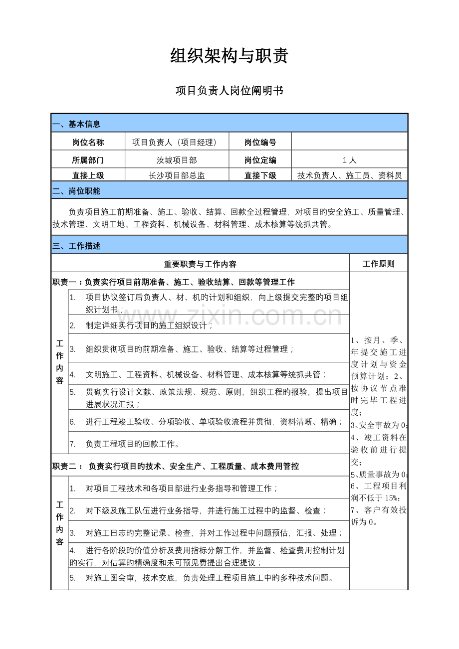 园林项目部主要管理人员岗位说明书.doc_第1页