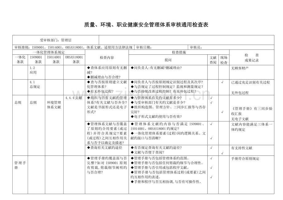三合一管理体系内审管理层检查表.doc_第1页