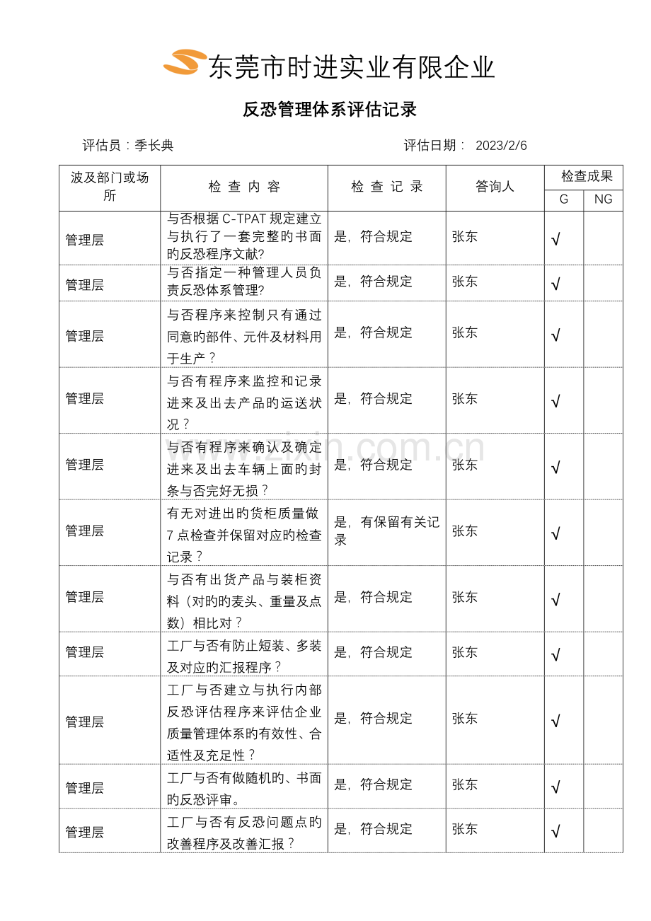 反恐管理体系审核记录样板.doc_第1页