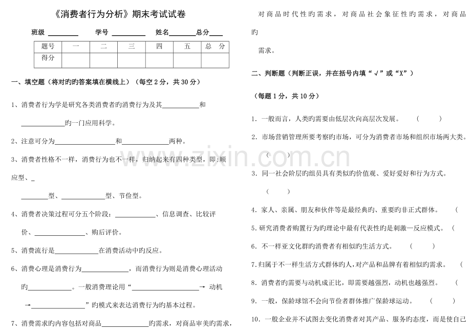 消费者行为分析考试题及答案.doc_第1页