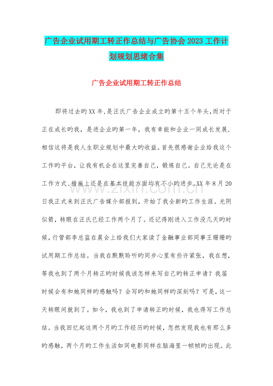 广告公司试用期工转正作总结与广告协会工作计划规划思路合集.doc_第1页