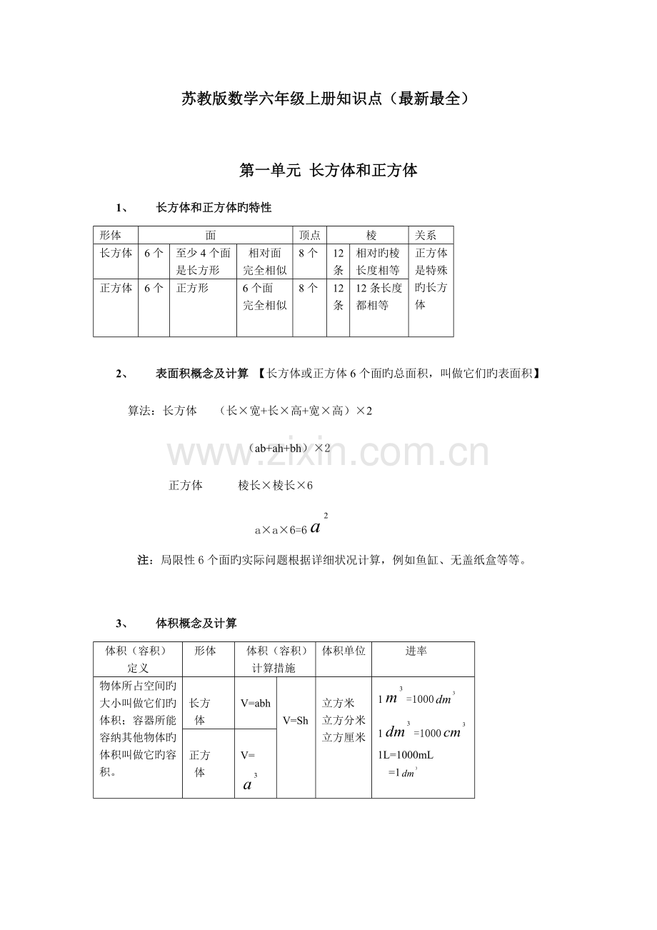 2023年苏教版小学六年级数学上册知识点.docx_第1页