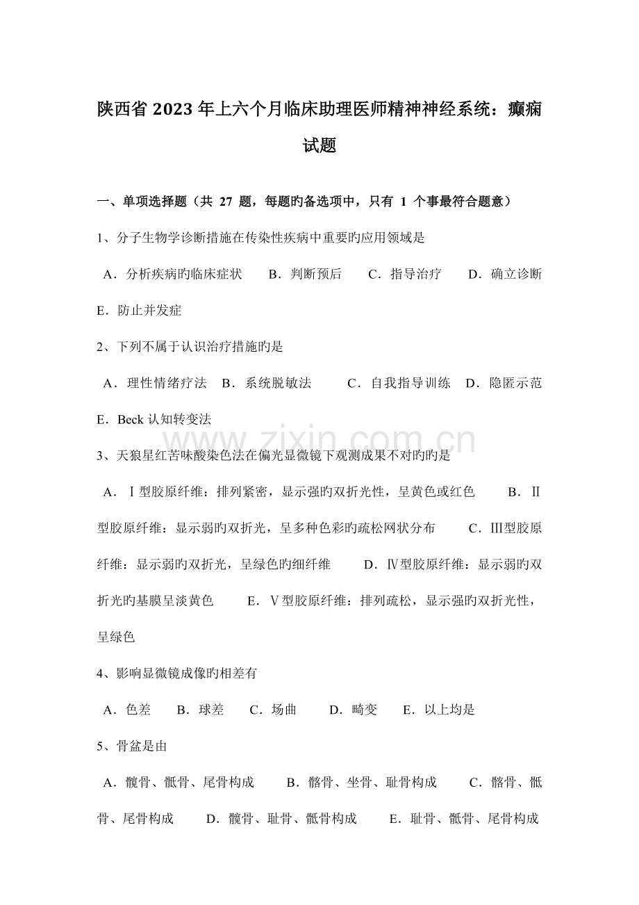 2023年陕西省上半年临床助理医师精神神经系统癫痫试题.docx_第1页