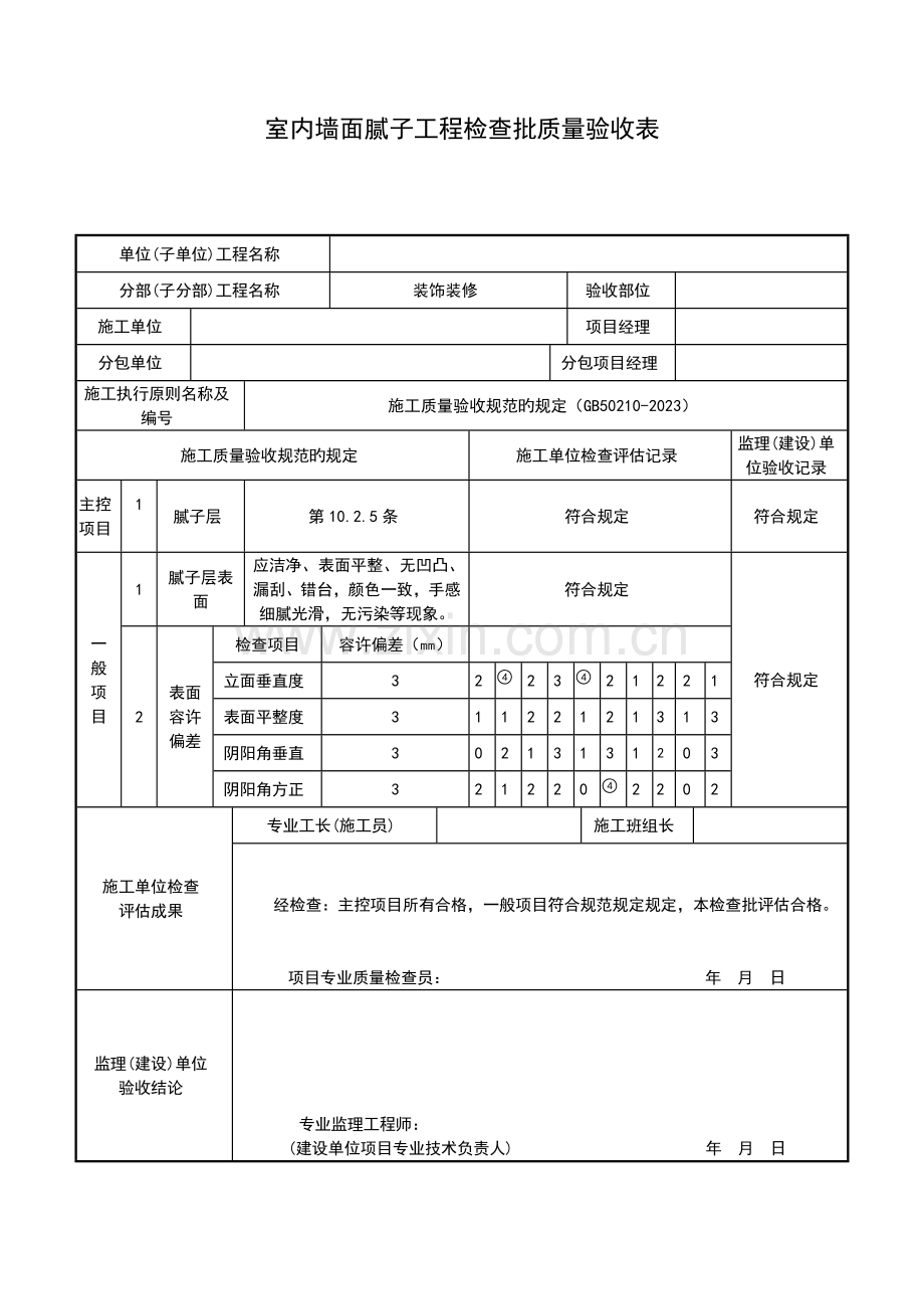 室内墙面腻子工程检验批质量验收表.doc_第1页