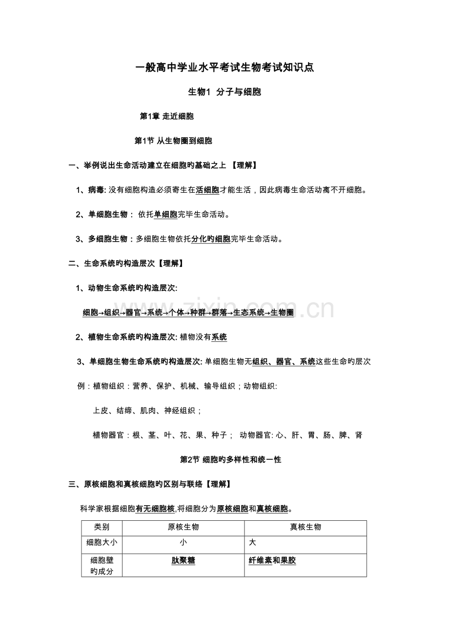 2023年普通高中学业水平考试生物考试知识点.doc_第1页
