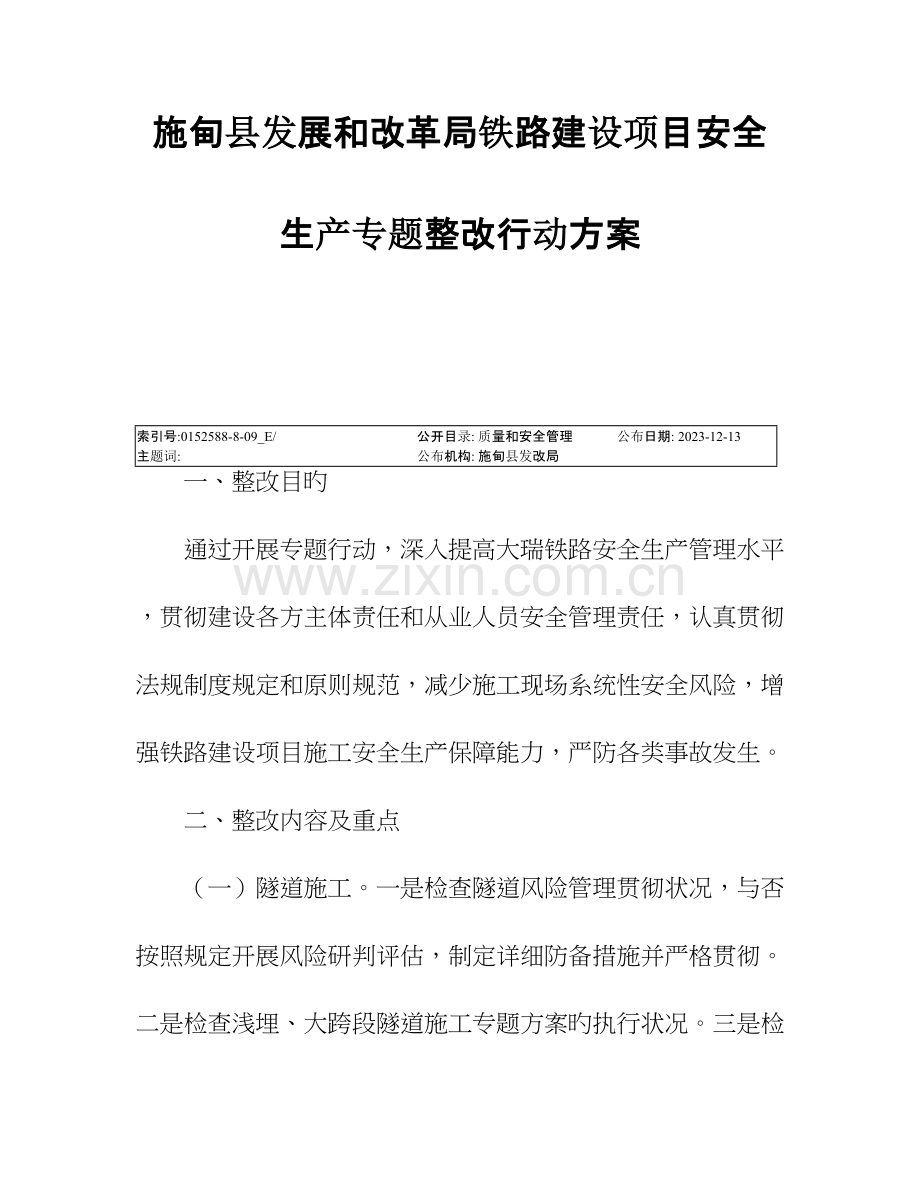 施甸发展和改革局铁路建设项目安全生产专项整治行动方案.doc_第1页