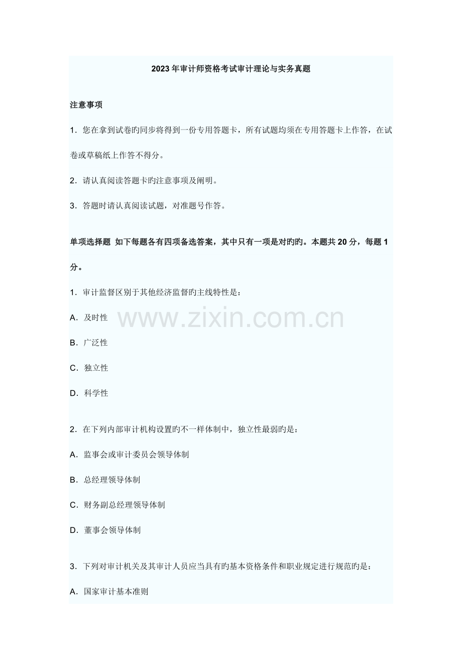 2023年审计师资格考试审计理论与实务真题.doc_第1页