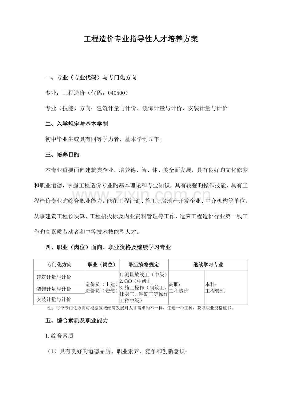 中等职业教育工程造价专业指导性人才培养方案.doc_第1页