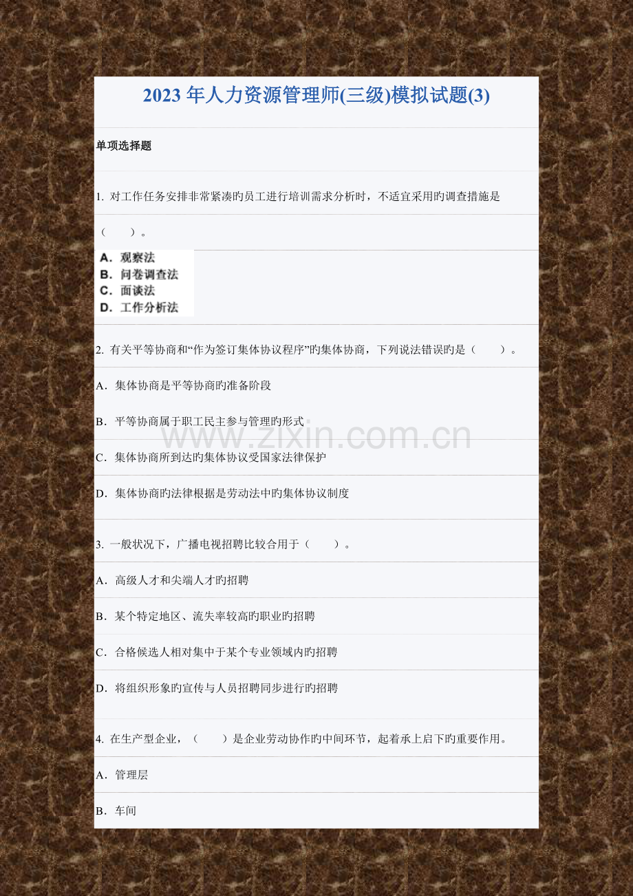 2023年人力资源管理师三级模拟试题.doc_第1页