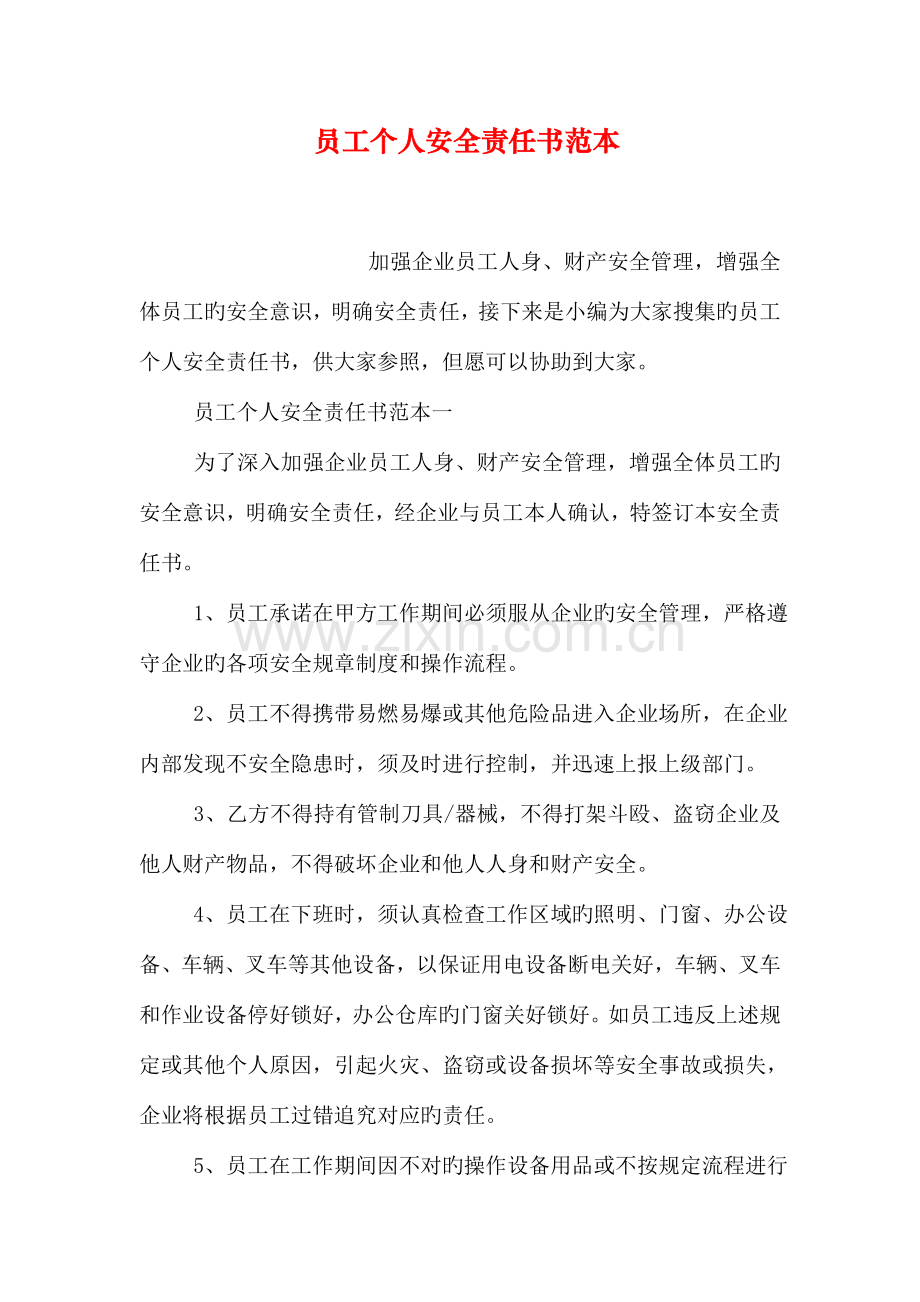 员工个人安全责任书范本.doc_第1页