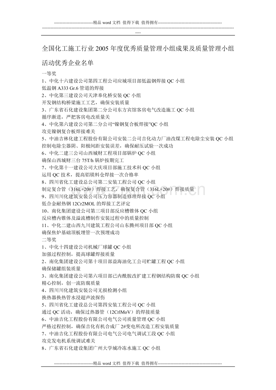 全国化工施工行业2005年度优秀质量管理小组成果及质量管理小组活动优秀企业名单.doc_第1页