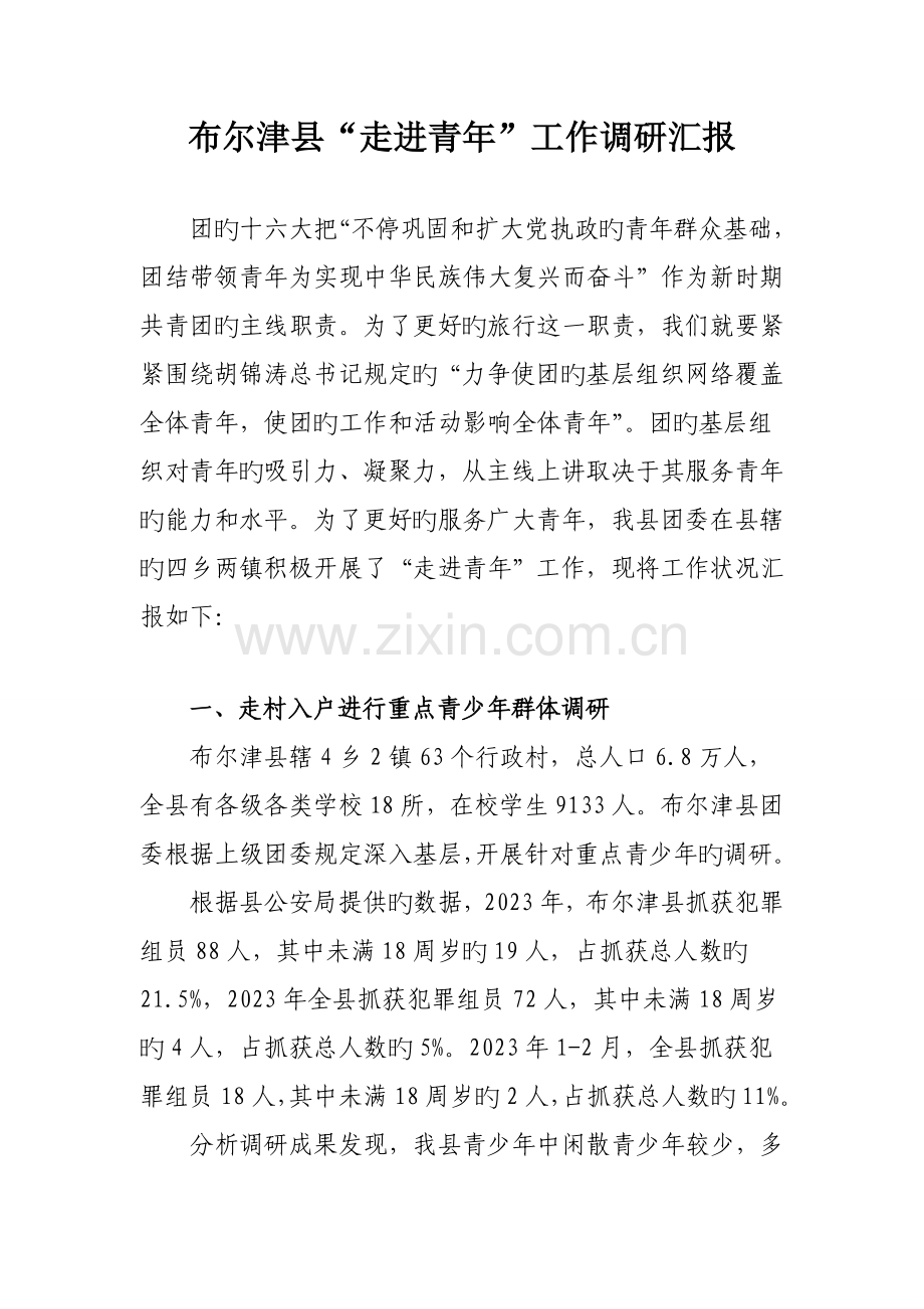 布尔津县团委走进青年工作调研报告.doc_第1页