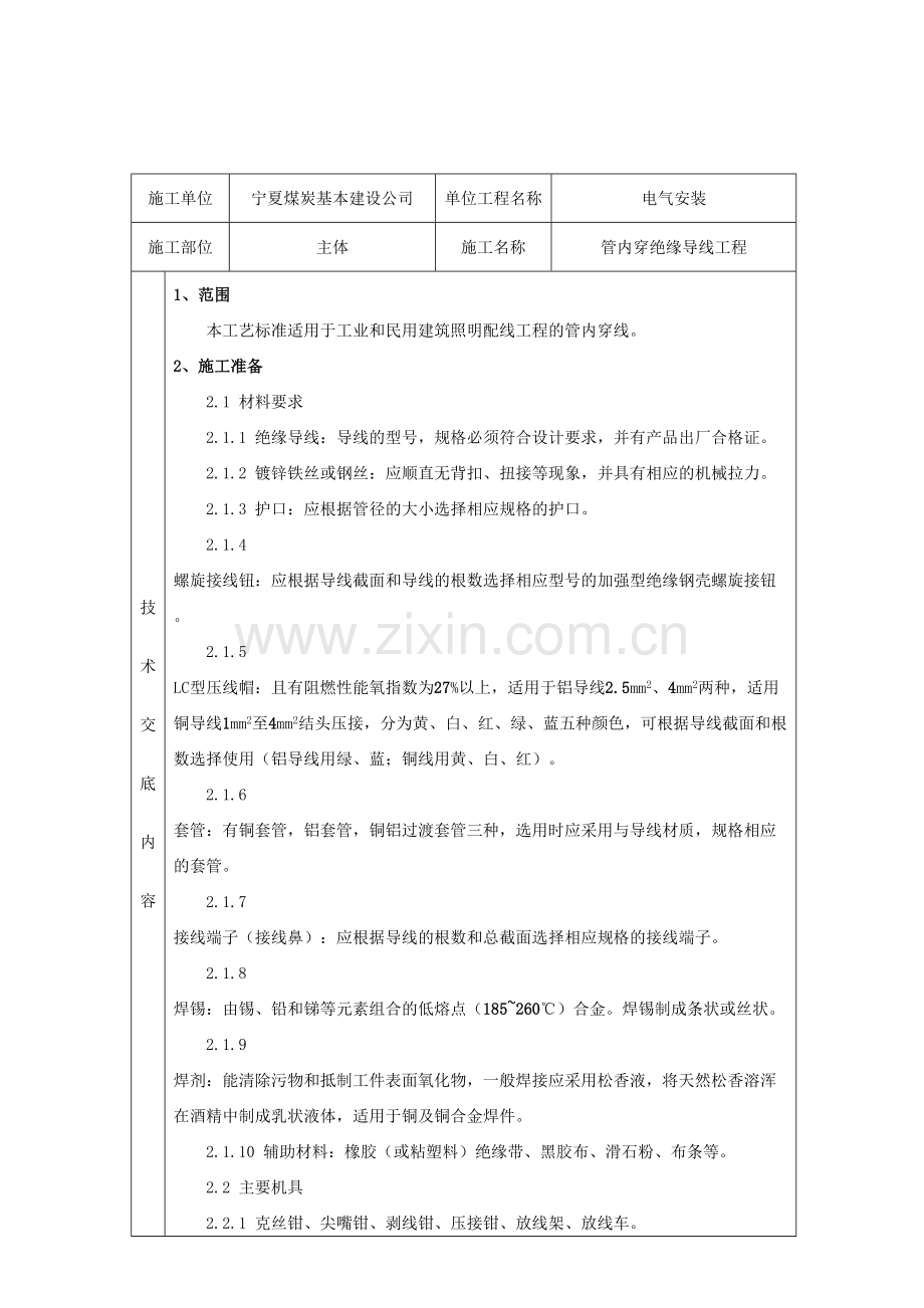 管内穿线技术交底表格版.doc_第1页