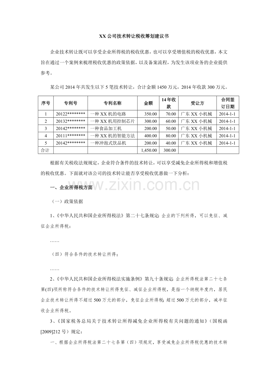 XX公司技术转让税收筹划建议书.docx_第1页