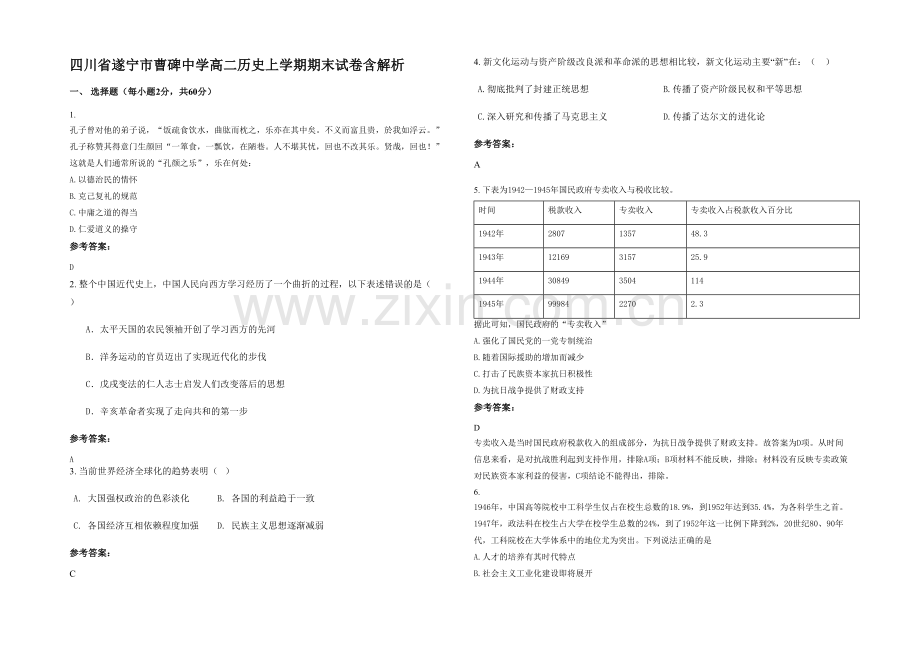 四川省遂宁市曹碑中学高二历史上学期期末试卷含解析.docx_第1页