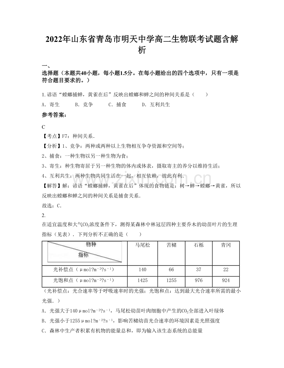 2022年山东省青岛市明天中学高二生物联考试题含解析.docx_第1页