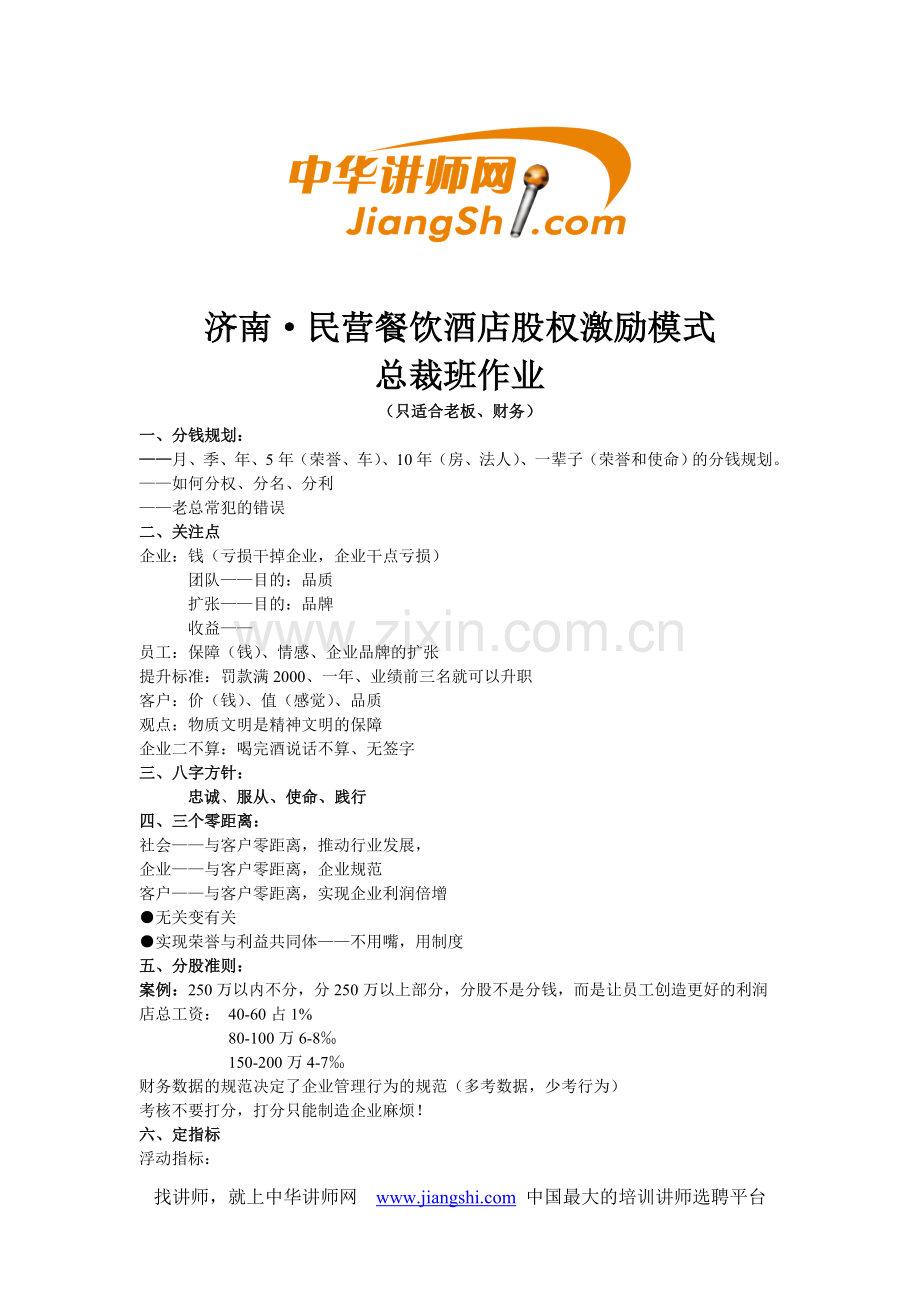 民营餐饮酒店股权激励模式-中华讲师网.doc_第1页