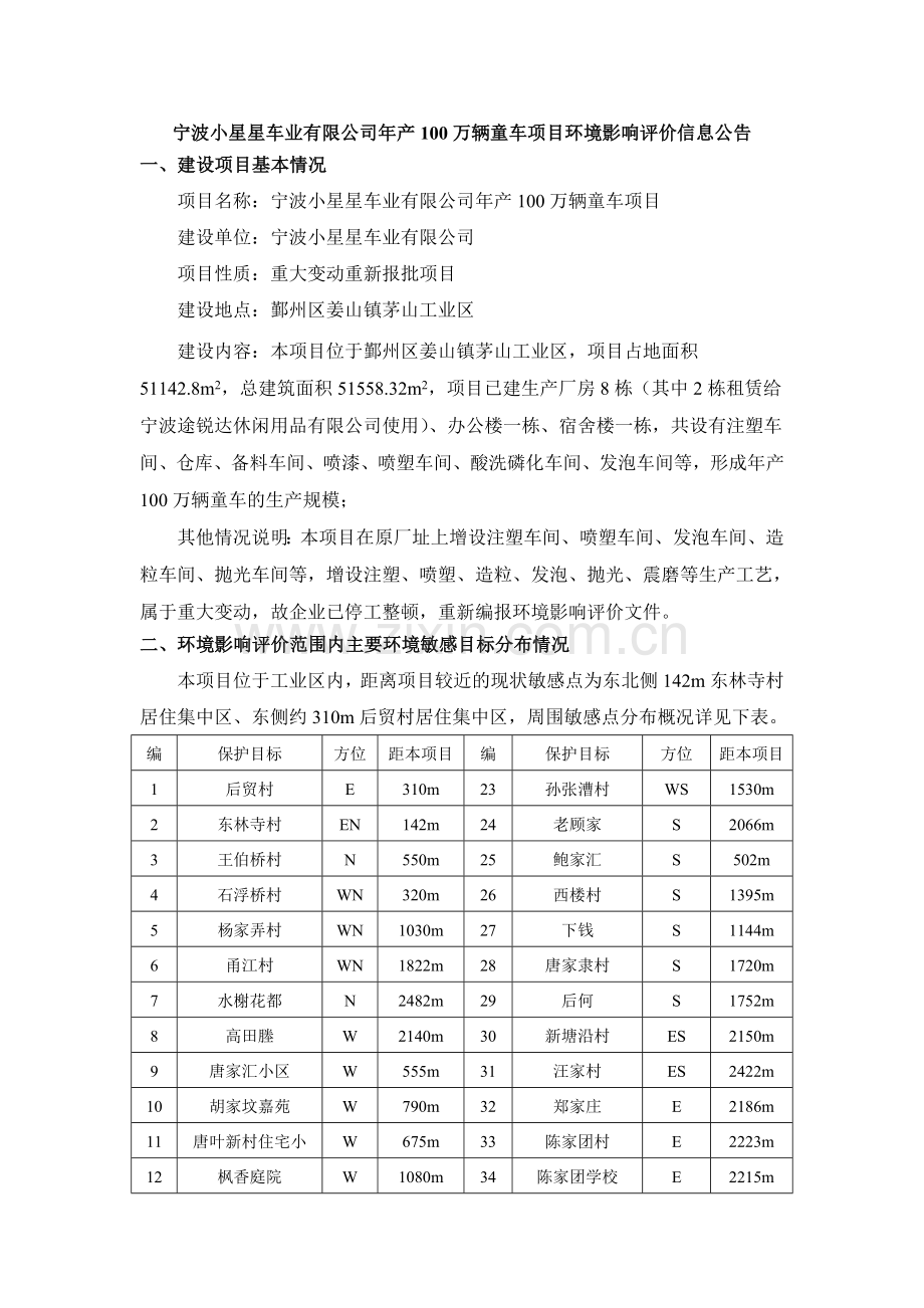 宁波小星星车业有限公司年产100万辆童车项目环境影响评价.doc_第1页