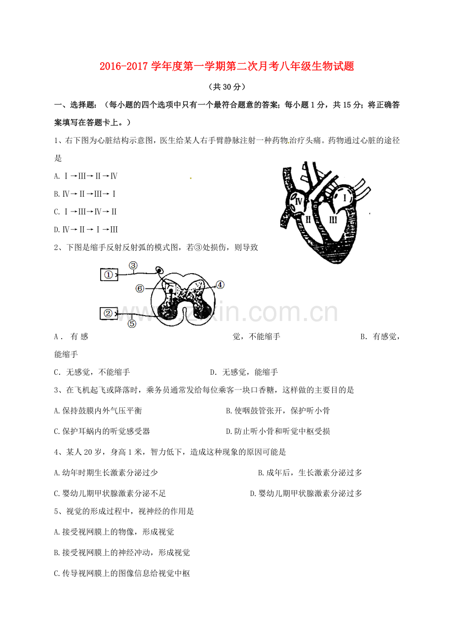 八年级生物上学期第二次月考试题3.doc_第1页