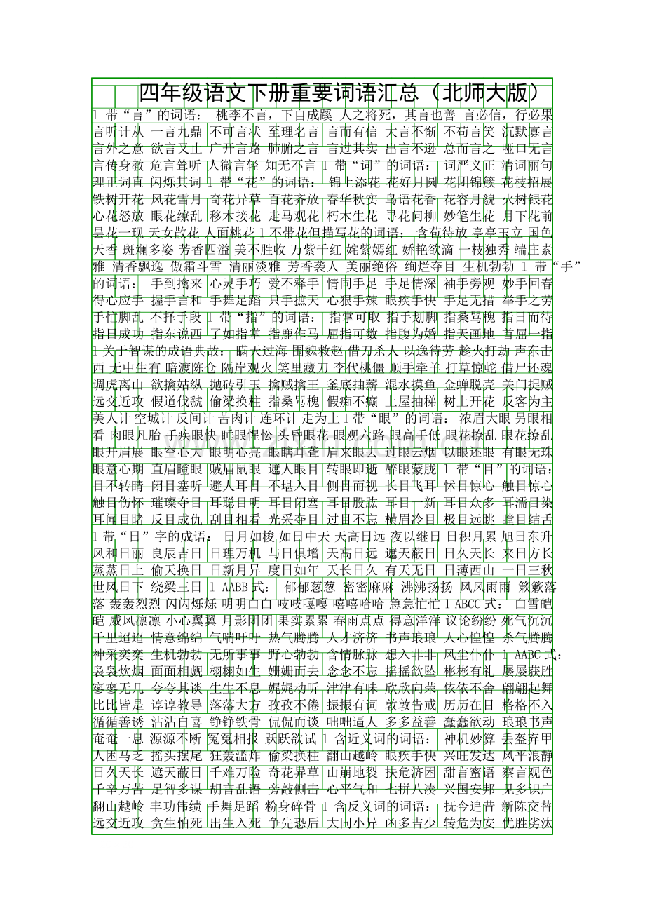 四年级语文下册重要词语汇总北师大版.docx_第1页