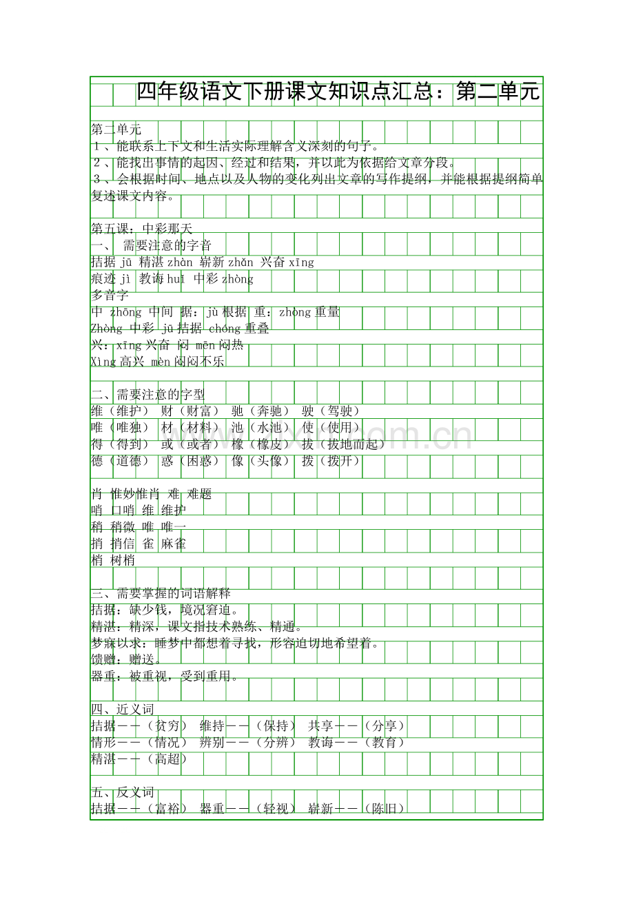 四年级语文下册课文知识点汇总：第二单元.docx_第1页