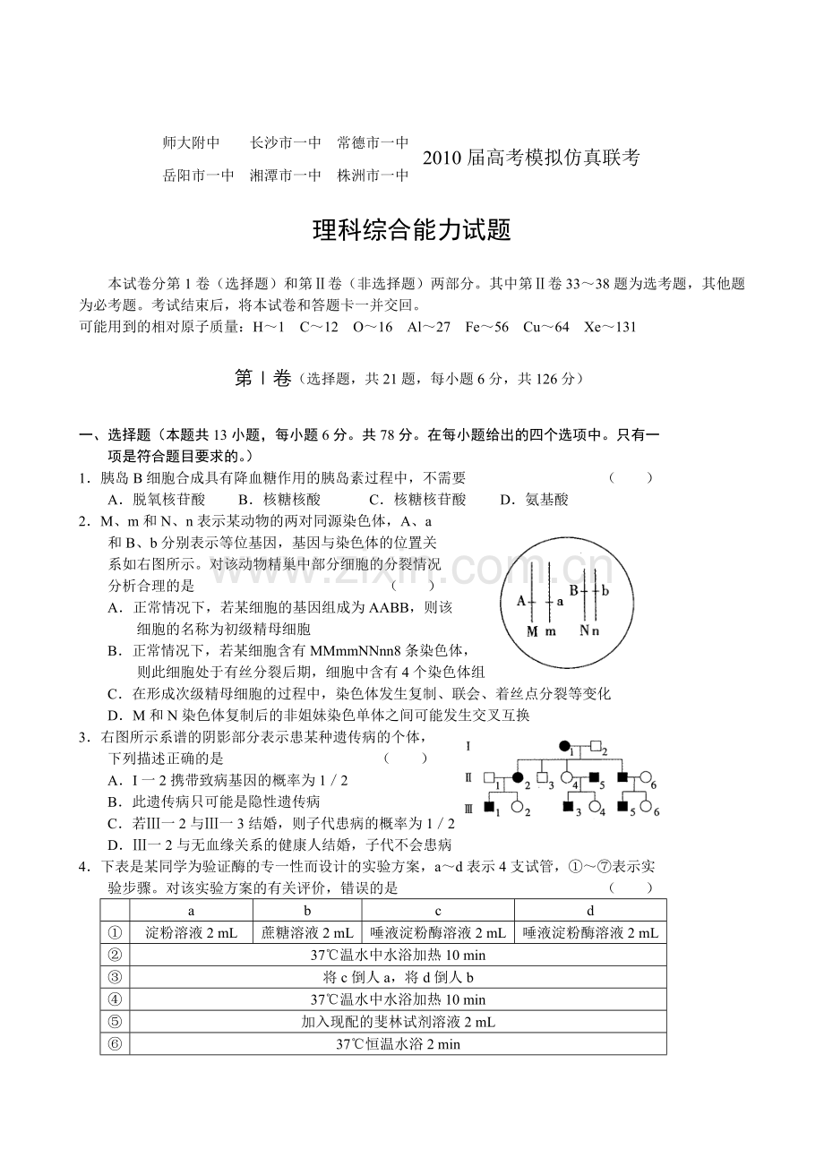 湖南六校2010高考模拟仿真联考数学理.doc_第1页