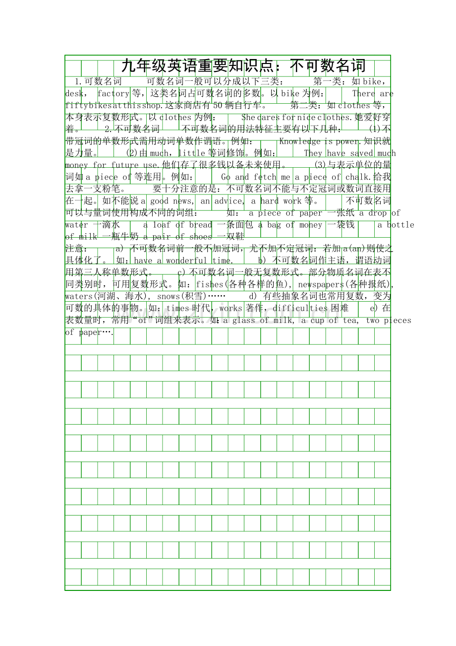 九年级英语重要知识点不可数名词.docx_第1页