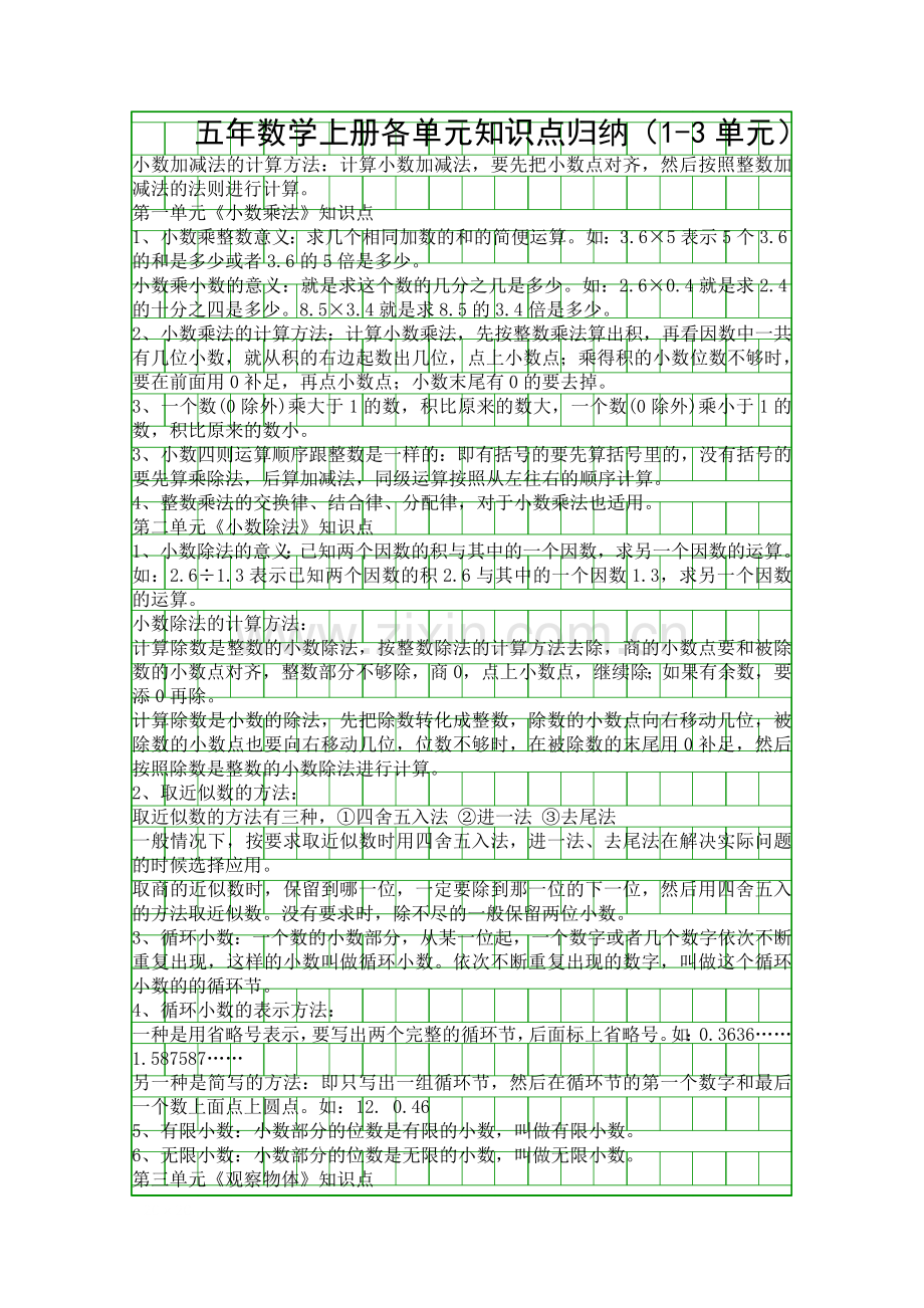 五年数学上册各单元知识点归纳13单元.docx_第1页