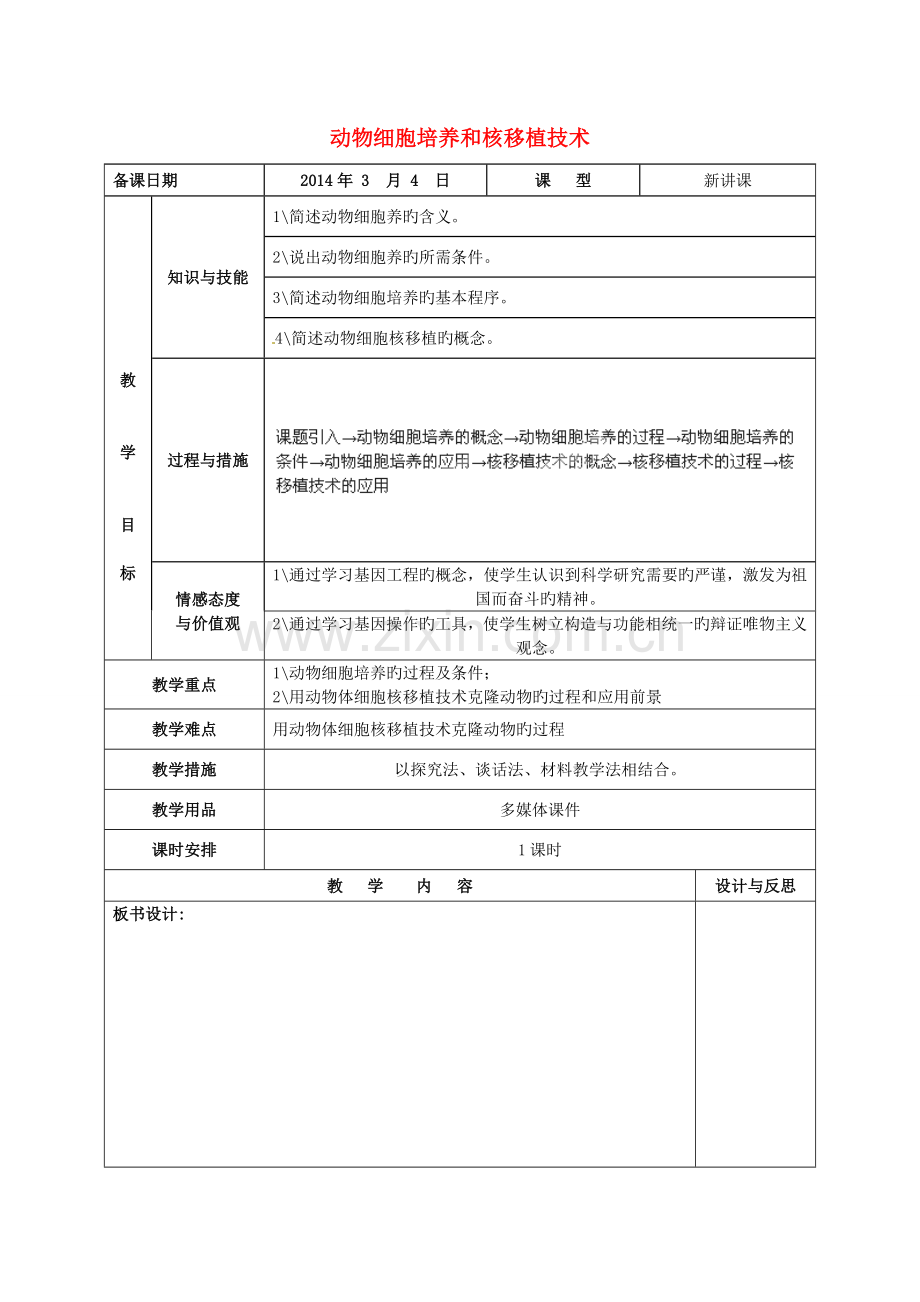 福建省厦门市集美区灌口中学高中生物动物细胞培养和核移植技术教案新人教版选修.doc_第1页